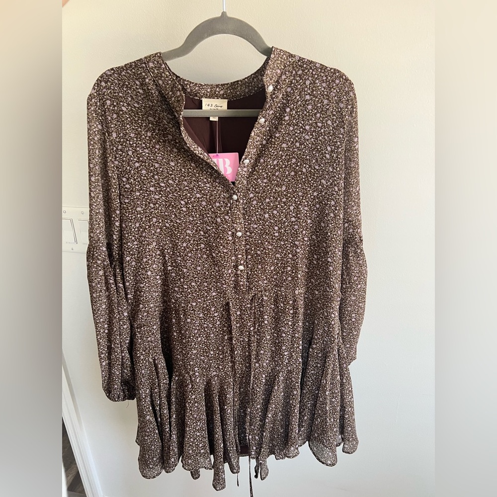 Brown Floral Long Sleeve Flowy Dress